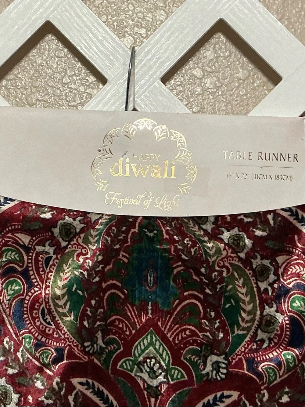 “Festival of Light” Burgundy & Green Paisley Print Velour Table Runner